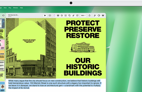 Na ekranie komputera widoczny jest dokument z tekstem: \'PROTECT PRESERVE RESTORE OUR HISTORIC BUILDINGS\'.
