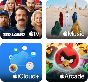 Cztery grafiki przedstawiające usługi: \'Ted Lasso\' na Apple TV, \'Dawido\' na Apple Music, chmurę z ikonami na Apple iCloud+, oraz postacie z gry na Apple Arcade.