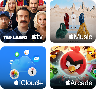 Obraz przedstawia cztery grafiki promujące usługi: Apple TV z napisem \'Ted Lasso\', Apple Music z kolorowymi postaciami na tle gór, Apple iCloud+ z ikonami chmury i aplikacji oraz Apple Arcade z postacią z gry Angry Birds.