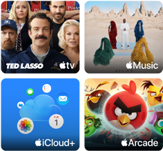 Obraz przedstawia cztery miniatury aplikacji: Apple TV z postaciami z serialu, Apple Music z kolorowymi postaciami na pustyni, Apple iCloud+ z ikonami chmur i wiadomości oraz Apple Arcade z postaciami z gry Angry Birds.