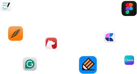 Obraz przedstawia zestaw ikon różnych aplikacji na kolorowych tłach, w tym logo Figma, Grammarly i Canva.
