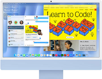 Na ekranie komputera widoczne są otwarte aplikacje, w tym przeglądarka z napisem \'Learn to Code!\' oraz komunikator z rozmową. Tło pulpitu jest niebieskie, a na dole ekranu znajduje się pasek z ikonami aplikacji.