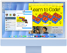 Na ekranie komputera widoczne są otwarte aplikacje, w tym komunikator z rozmowami oraz przeglądarka z kolorową grafiką i napisem \'Learn to Code!\'.