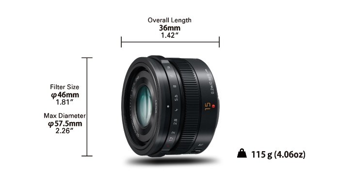 Obiektyw PANASONIC Lumix-H-X015E-K widok wymiary waga