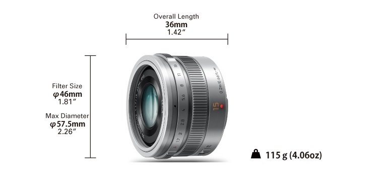 Obiektyw PANASONIC H-X015E 15 mm f1.7 widok wymiary waga