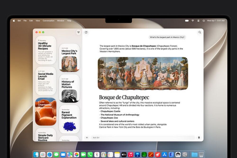 APPLE MacBook Pro 2026 16 Retina M5 Pro 1TB SSD macOS Apple Intelligence sztucznej inteligencji aplikacjami i systemem Siri AI Skrótów Safari - Ekran urządzenia prezentujący interfejs z widżetami i treściami informacyjnymi