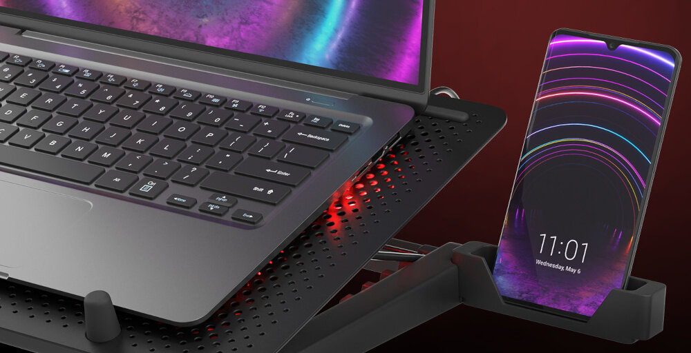 Podstawka chłodząca GENESIS do laptopa 15.6 - 17.3 cali Oxid 550 Czarny uchwyt na telefon