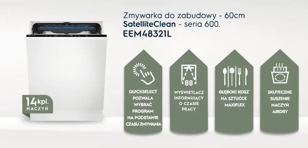 Obraz przedstawia zmywarkę do zabudowy z otwartym panelem, obok której znajdują się cztery ikony z opisami funkcji: \'QuickSelect pozwala wybrać program na podstawie czasu zmywania\', \'Światło informujące o trybie pracy\', \'Głęboki kosz na sztućce MaxiFlex\', \'Skuteczne suszenie naczyń AirDry\'. Widoczny jest również napis \'Zmywarka do zabudowy - 60cm SatelliteClean - seria 600. EEM48320L\' oraz informacja \'14 kpl. naczyń\'.