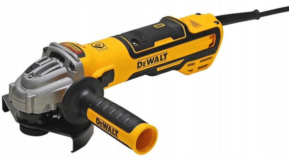 Szlifierka kątowa DEWALT DWE4357-QS hamulec elektroniczny zabezpieczenie przed przeciążeniem Constant Cluth wyłącznik odcinający przy zaniku napięcia
