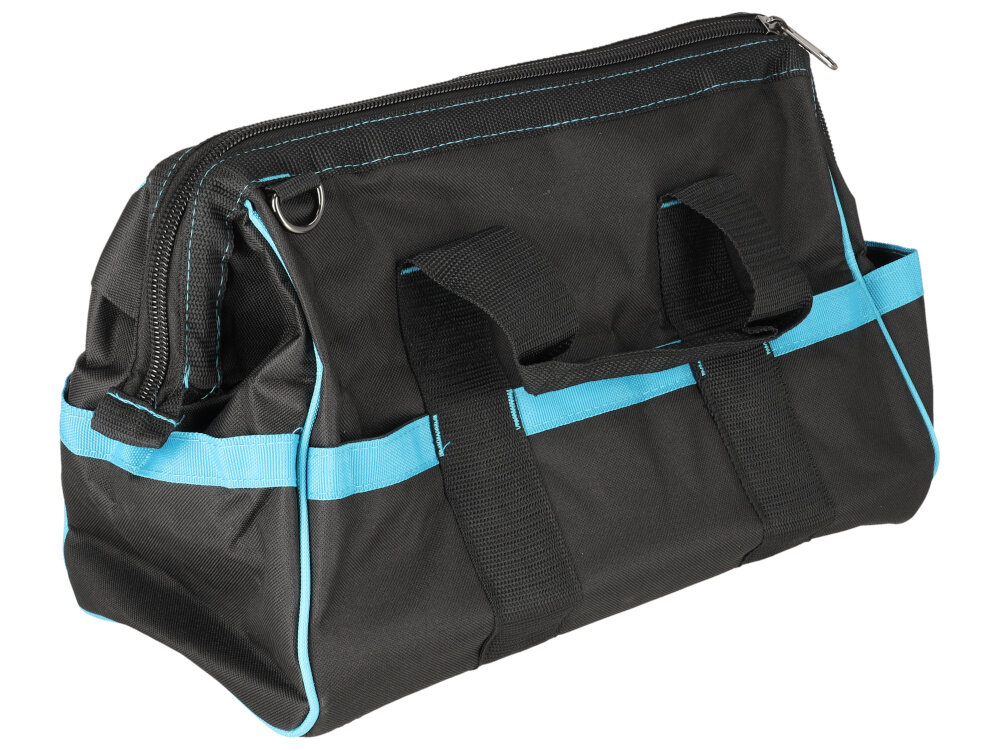 Torba narzędziowa DEDRA DED7001 torba na białym tle widoczna od tyłu pod skosem wymiary 42 x 21 x 28,5 cm do użytku w domu warsztacie na budowie wygodne przechowywanie i transport narzędzi efektywność