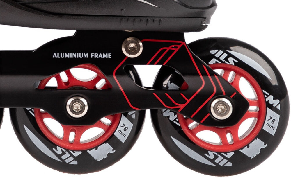 Łyżworolki NILS EXTREME NA14174 A rozmiar 35-38 miekkie kolka z materialu PU twardosc 82A srednica 76 mm bardzo dobra przyczepnosc do podloza skuteczne tlumienie drgan wygoda bezpieczenstwo wysokiej jakosci lozyska ABEC-9 odporne na zuzycie