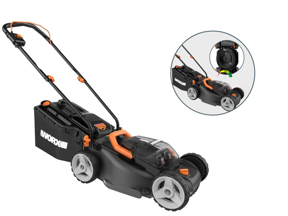 Kosiarka akumulatorowa WORX WX-WG779E obrotowy nóż tnący wyprofilowanie noży kształtowanie krawędzi tnących szerokość robocza 34 cm wysokość w zakresie od 20 do 70 mm