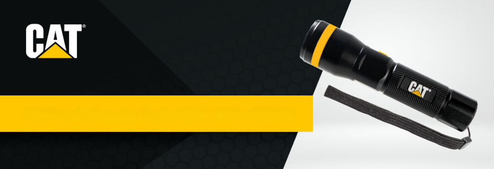Latarka CATERPILLAR CT2500, latarka, światło, ergonomia, Logo firmy CAT, obok latarka w tle loga z prawej strony