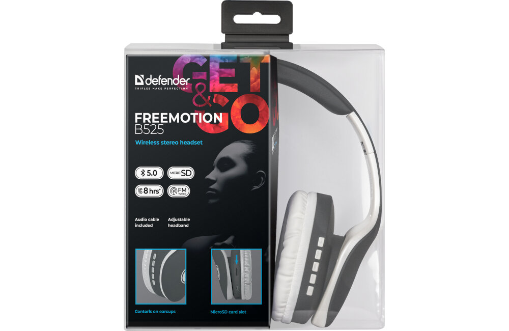 SŁUCHAWKI NAUSZNE DEFENDER FREEMOTION B525 SZARO-BIAŁY zestaw