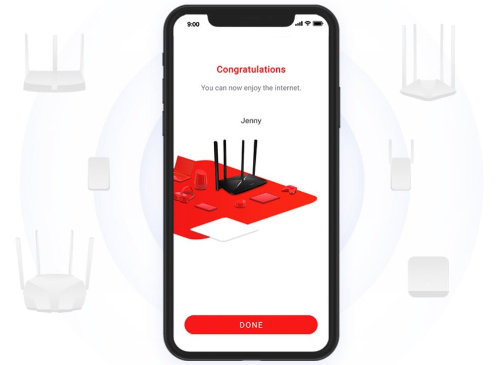 Router MERCUSYS MW305R Smartfon z otwartą aplikacją do konfiguracji routera. Ekran wyświetla komunikat o pomyślnym zakończeniu instalacji, z imieniem użytkownika oraz przyciskiem zakończenia procesu, konfiguracja, aplikacja