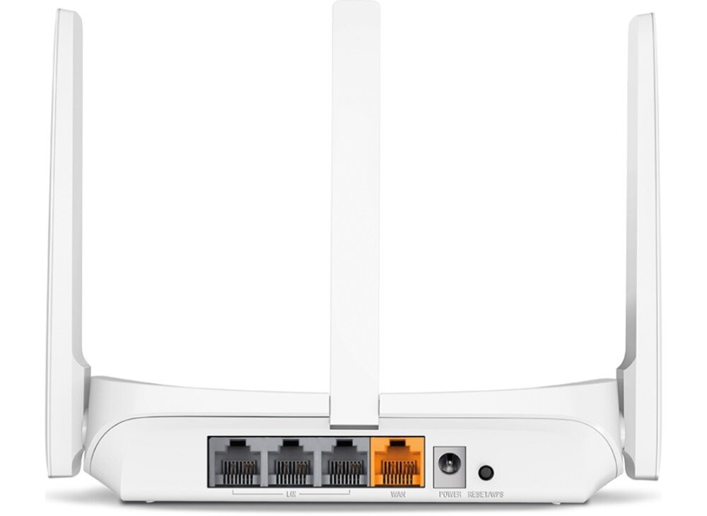 Router MERCUSYS MW305R Tylny panel routera z widocznymi portami: trzy LAN, jeden WAN, złącze zasilania oraz przycisk resetu, porty, złącza, przyciski