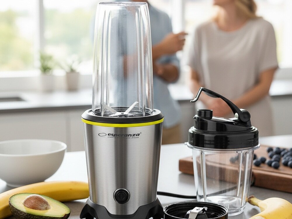 Blender kielichowy ESPERANZA Nutri Master EKM028 Sportowy + 2 bidony w komplecie solidna, aluminiowa obudowa, elegancki, stylowy wygląd, bezpieczny w kontakcie z żywnością, odporny na uszkodzenia, lekka konstrukcja