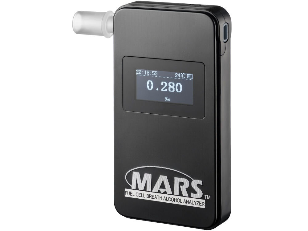 Alkomat HI-TECH MEDICAL Alcovisor Mars BT Czarny zakres pomiarowy precyzyjny stabilny modułowy sensor elektromechaniczny działanie w dwóch trybach samodzielne urządzenie połączenie z dedykowana aplikacją wyniki wyświetlane na ekranie zapisywane w pamięci wewnętrznej