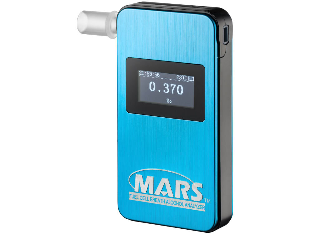 Alkomat HI-TECH MEDICAL Alcovisor Mars BT Niebieski zakres pomiarowy precyzyjny stabilny modułowy sensor elektromechaniczny działanie w dwóch trybach samodzielne urządzenie połączenie z dedykowana aplikacją wyniki wyświetlane na ekranie zapisywane w pamięci wewnętrznej
