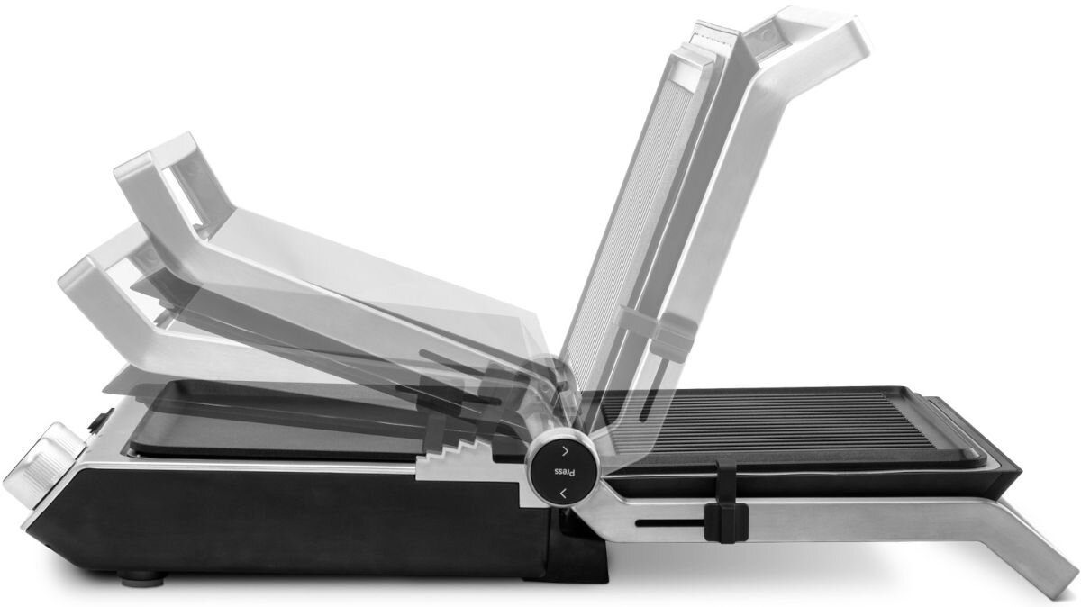 Grill elektryczny GASTROBACK 42537, błyskawicznie, nagrzanie, regulowanie, płynnie, na białym tle regulacja otwierania grilla