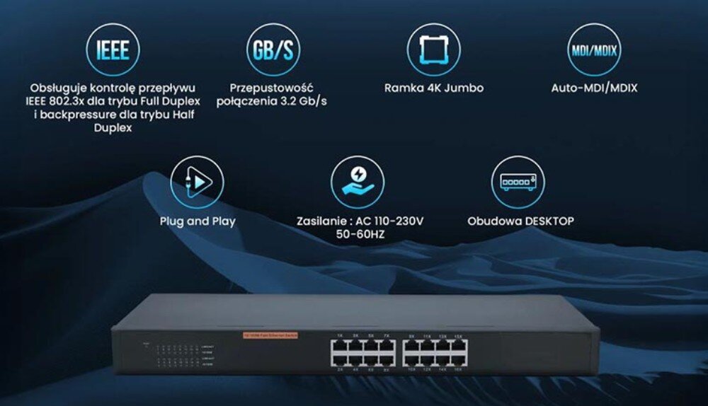 Switch EXTRALINK Hexon Widok frontu czarnego przełącznika sieciowego na ciemnym tle, nad którym unosi się siedem okrągłych ikon z opisami funkcji technicznych dotyczących obsługi standardów, porty, przepustowość, funkcje