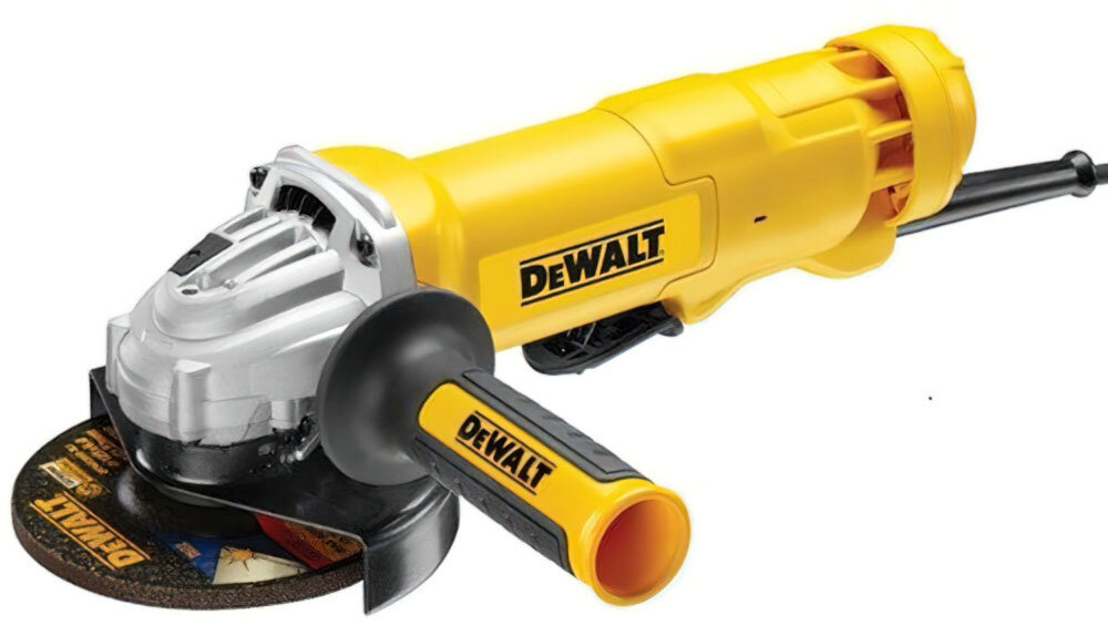 Szlifierka kątowa DEWALT DWE4233 ergonomiczna rękojeśc pokryta tworzywa sztucznym antywibracyjna wielopozycyjna rękojeść boczna waga 2,2 kg