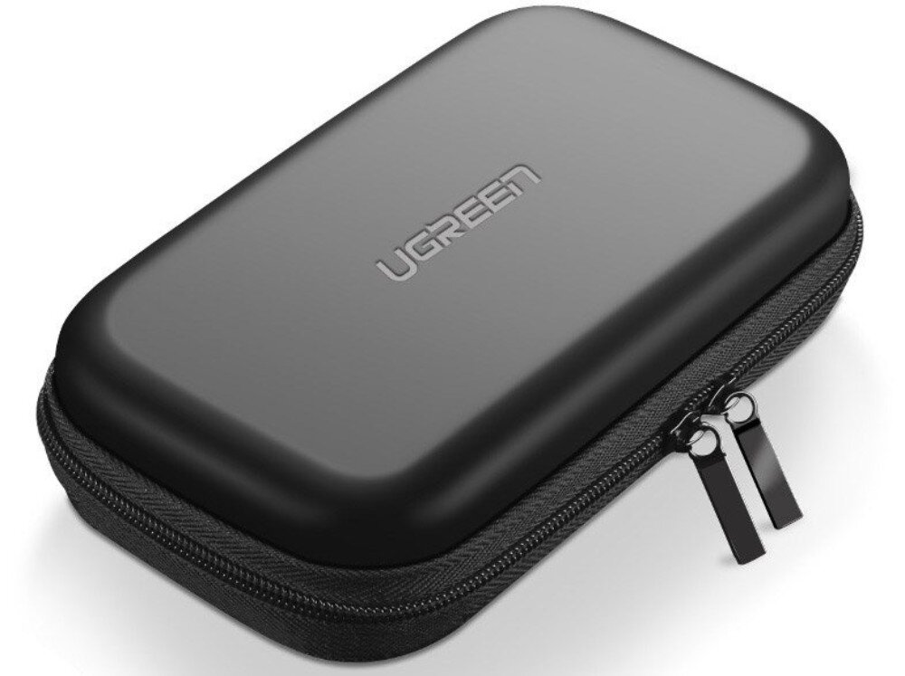 Etui na dysk UGREEN 50274 LP128 Czarny, usztywniany pokrowiec o prostokątnym kształcie z zaokrąglonymi rogami, zamknięty na podwójny zamek błyskawiczny, z wytłoczonym napisem 'UGREEN' na górnej pokrywie