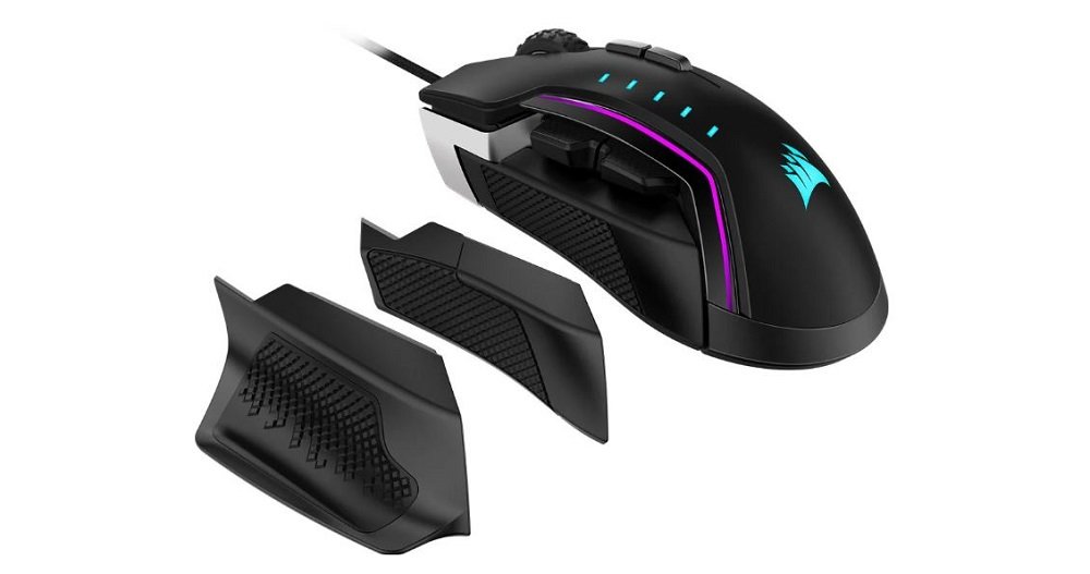 Mysz CORSAIR Glaive RGB Pro Aluminium Czarny wymienne podpórki widok skos