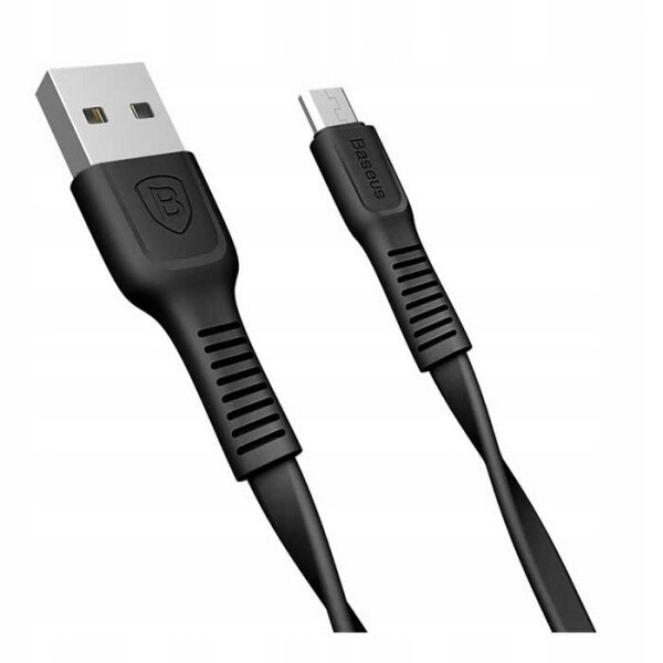 Czarny kabel USB z końcówkami USB i Micro USB, z widocznym logo \'Baseus\' na jednej z końcówek. Kabel ma żebrowane wzmocnienia przy złączach.