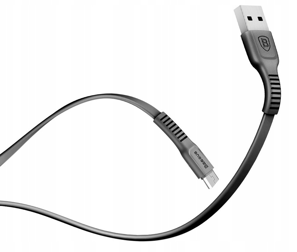 Czarny kabel USB - Micro USB o długości 1 metra z widocznym logo \'Baseus\' na wtyczce. Kabel ma elastyczną konstrukcję z wzmocnionymi końcówkami.