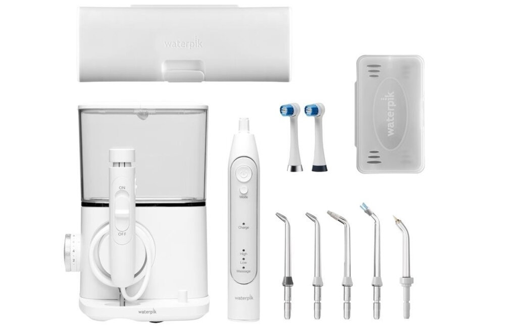 Irygator WATERPIK CC02 + Szczoteczka rotacyjna OTRB- 3EW wyposazenie zestaw komplet akcesoria 5 koncowek do nitkowania 2 glowni szczoteczki etui