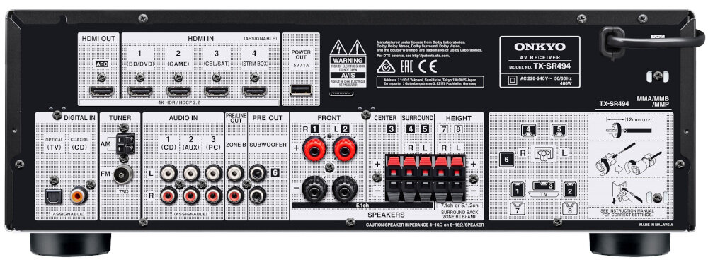 Amplituner ONKYO TX-SR494S - złącza