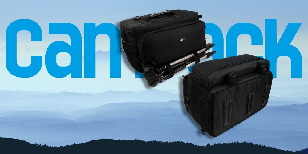 Torba fotograficzna Camrock Tank X60 z przymocowanym statywem, widok z przodu i od spodu na tle logotypu Camrock