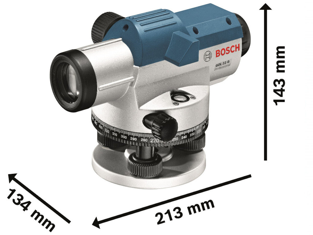 Niwelator optyczny z niebiesko-srebrną obudową, oznaczony logo BOSCH i napisem GOL 32 G. Wymiary urządzenia to 134 mm, 213 mm i 143 mm.