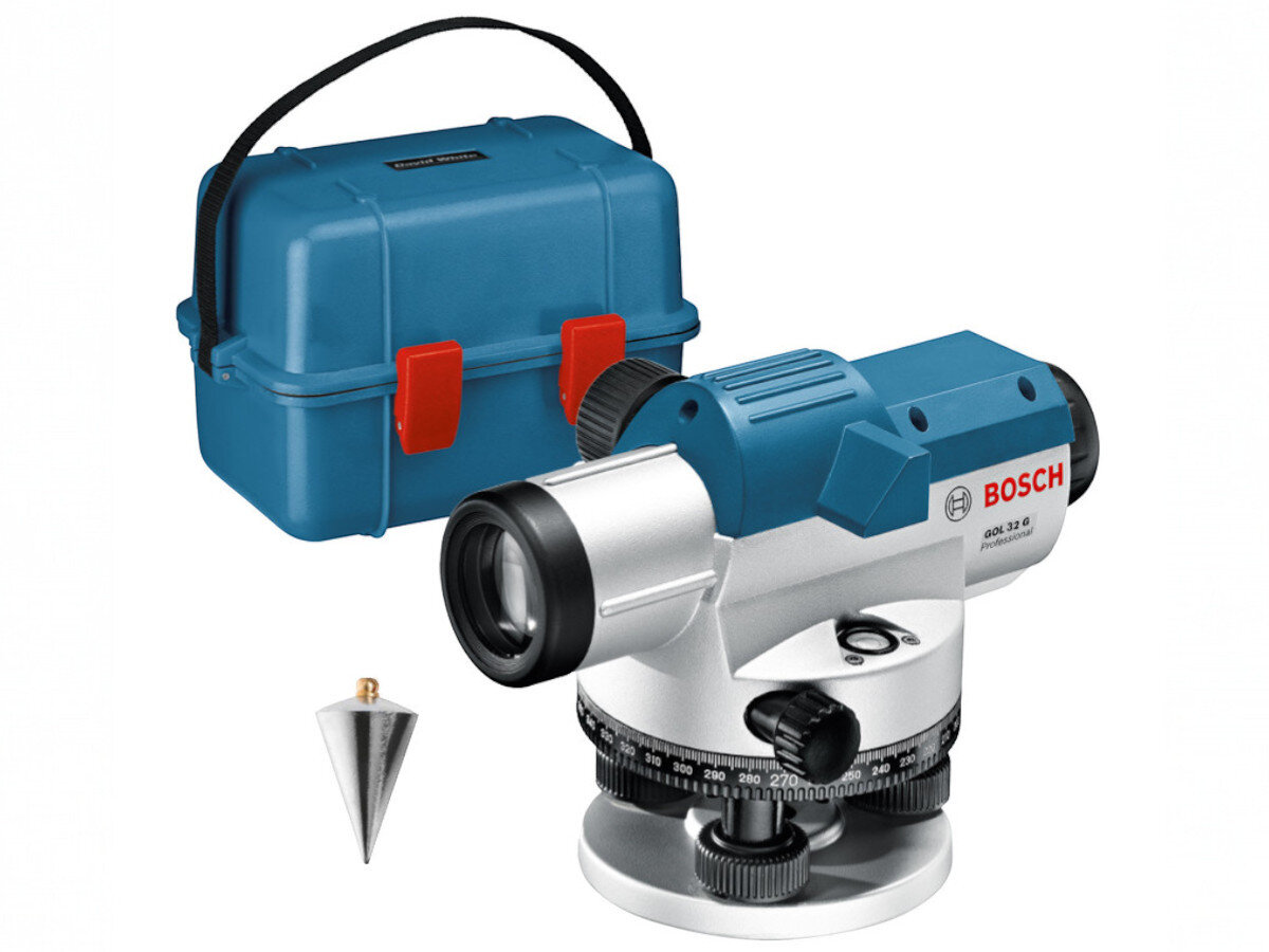 Na obrazie znajduje się niwelator optyczny z logo BOSCH oraz niebieska walizka transportowa z czerwonymi zapięciami. Obok widoczny jest metalowy pion.