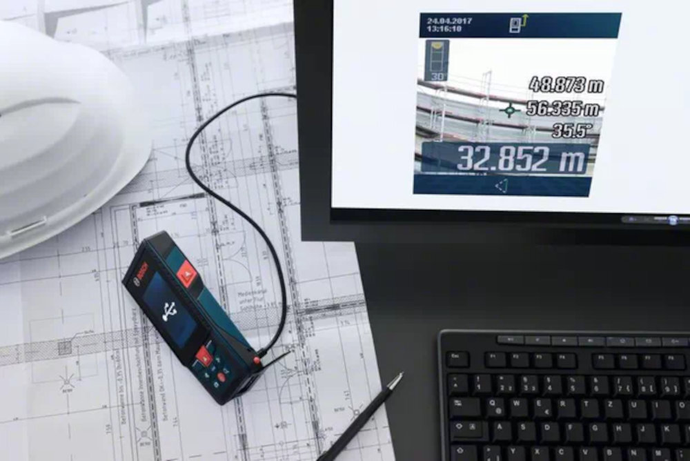 Dalmierz laserowy BOSCH GLM 120 C do pomiarów dokumentacji otoczenia funkcja zoom kolorowy wyświetlacz IPS zdalne sterowanie aplikacja Measuring Master