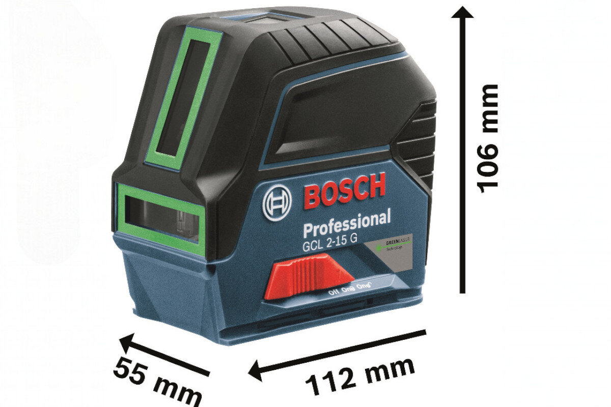 Laser punktowo-krzyżowy BOSCH Professional GCL 2-15 G + RM1 0601066J00, pionownik, niwelacja, sufit, czerwone punkty, Wymiary lasera Bosch GCL 2-15 G: 112 x 55 x 106 mm.
