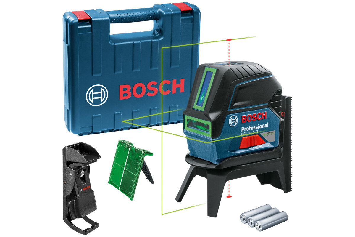 Laser punktowo-krzyżowy BOSCH Professional GCL 2-15 G + RM1 0601066J00, statyw, blokada, walizka, skosy, Zestaw Bosch: laser, walizka, uchwyt, tablica celownicza oraz baterie.