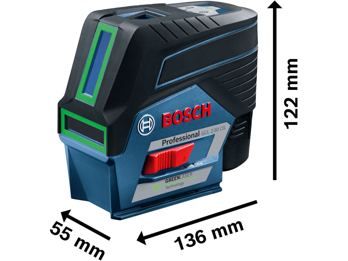 Na obrazie widoczny jest laser liniowy z logo BOSCH, oznaczeniami \'Professional GCL 2-50 CG\' oraz \'GREEN LASER technology\'. Wymiary urządzenia to 55 mm x 136 mm x 122 mm.