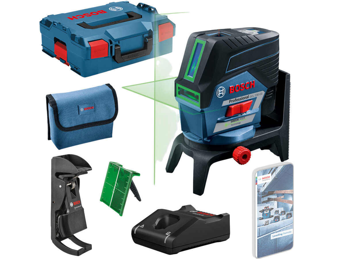Na obrazie znajduje się zestaw narzędziowy z laserem liniowym marki BOSCH, w tym laser, walizka, pokrowiec, uchwyt, tarcza celownicza i ładowarka. Widoczne są zielone linie laserowe oraz logo BOSCH na kilku elementach.