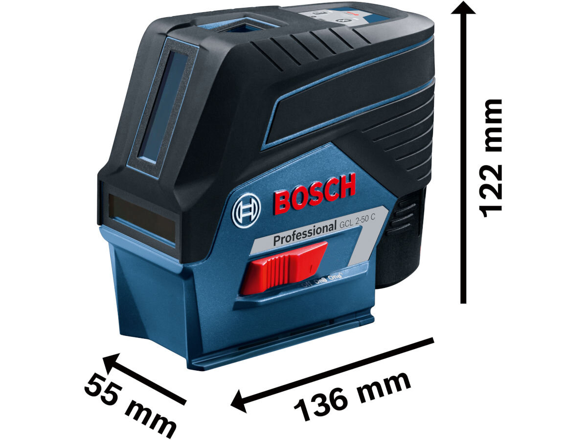 Laser liniowy BOSCH GCL 2-50 C, obudowa, IP54, odporność, wymiary, Laser Bosch GCL 2-50 C, wymiary 136x55x122 mm, niebieski