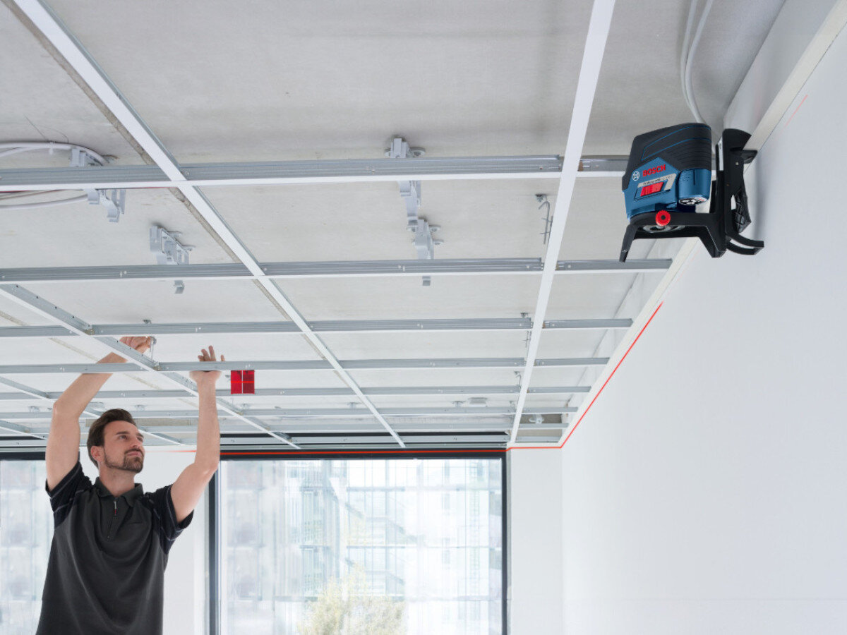 Laser liniowy BOSCH GCL 2-50 C, uchwyt, magnetyczny, RM2, obrotowy, Laser liniowy Bosch, montaż sufitu, czerwona linia pozioma