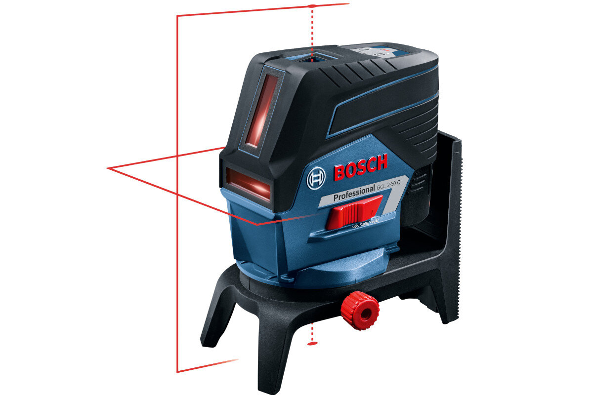 Laser liniowy BOSCH GCL 2-50 C, dokładność, niwelacja, milimetr, pomiar, Urządzenie Bosch GCL 2-50 C z wyświetlanymi czerwonymi liniami.