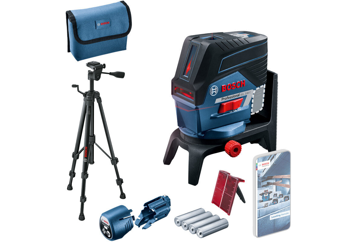 Laser liniowy BOSCH GCL 2-50 C, statyw, uchwyt, akcesoria, zestaw, Zestaw Bosch GCL 2-50 C ze statywem i kompletem akcesoriów.