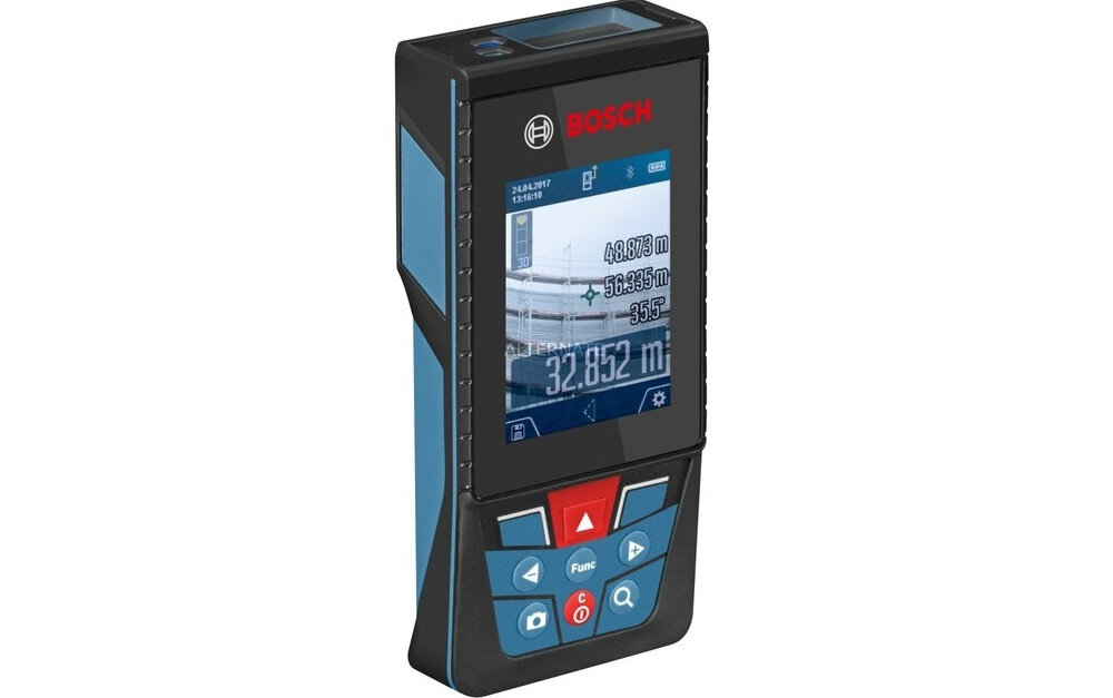 Dalmierz laserowy BOSCH GLM 120 C do pomiarów dokumentacji otoczenia funkcja zoom kolorowy wyświetlacz IPS zdalne sterowanie aplikacja Measuring Master
