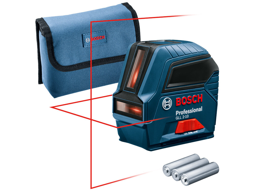 Laser liniowy BOSCH Professional GLL 2-10 0601063L00 zestaw na białym tle w zestawie laser torba 3 baterie AA dokumentacja