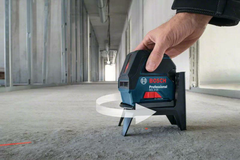 BOSCH GCL 2-15 uchwyt obrotowy pomiar podłoga ściana sufit linie punkty laserowe magnesy