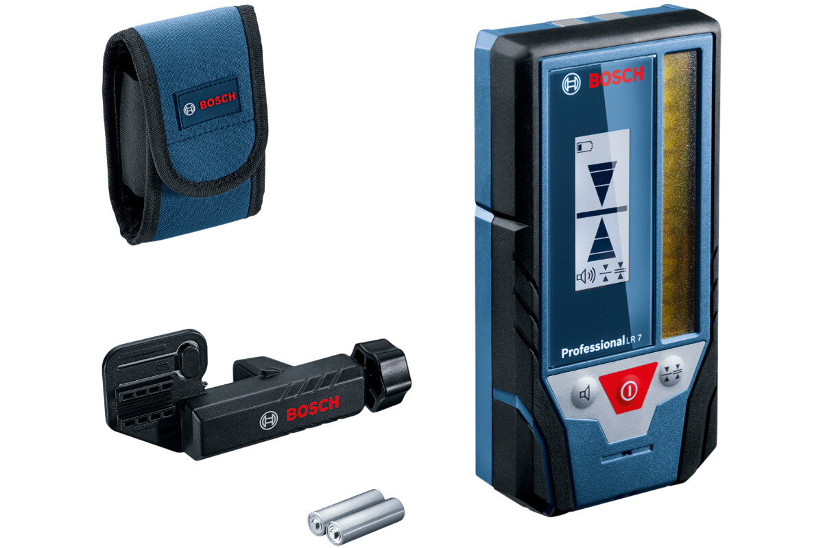 Odbiornik laserowy BOSCH Professional LR 7 (0601069J00), uniwersalny, laser, odczyt, kolory, Zestaw Bosch LR 7: odbiornik, pokrowiec, uchwyt i baterie.