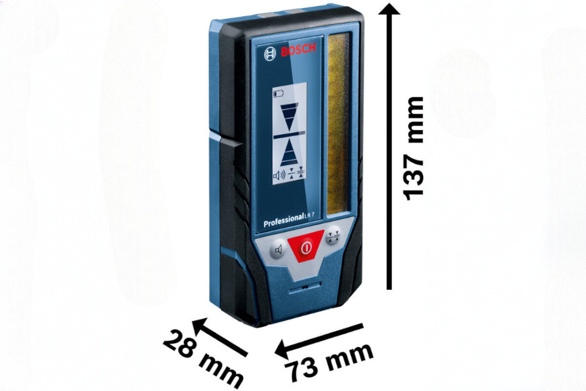 Odbiornik laserowy BOSCH Professional LR 7 (0601069J00), ochrona, baterie, waga, trwałość, Odbiornik laserowy Bosch LR 7 z podanymi wymiarami urządzenia.