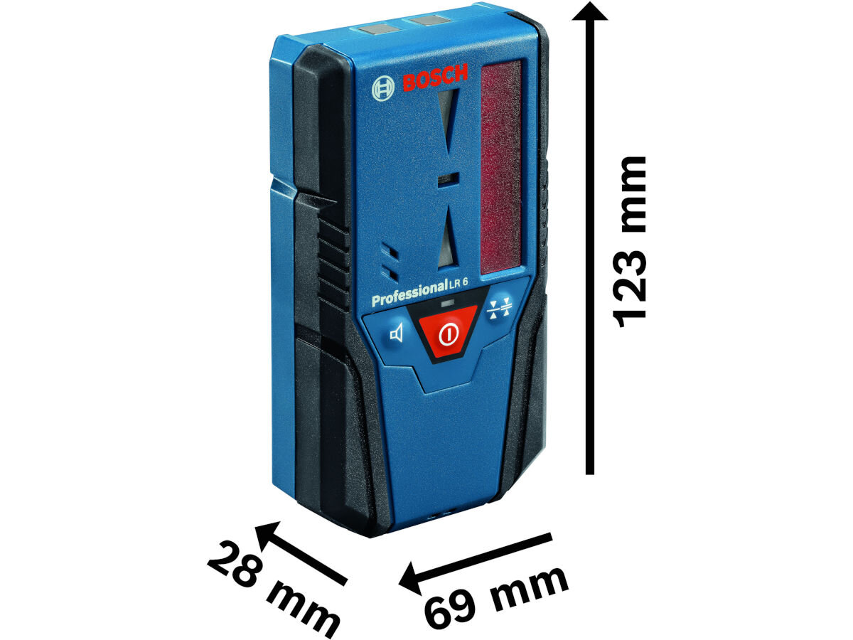 Odbiornik laserowy BOSCH Professional LR 6 (0601069H00), dźwięk, głośność, głośnik, pomiar, na białym tle odbiornik z podaniem jego wymiarów